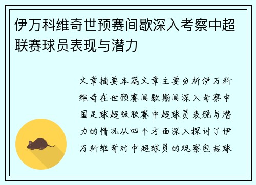 伊万科维奇世预赛间歇深入考察中超联赛球员表现与潜力