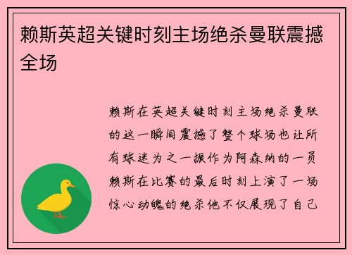 赖斯英超关键时刻主场绝杀曼联震撼全场
