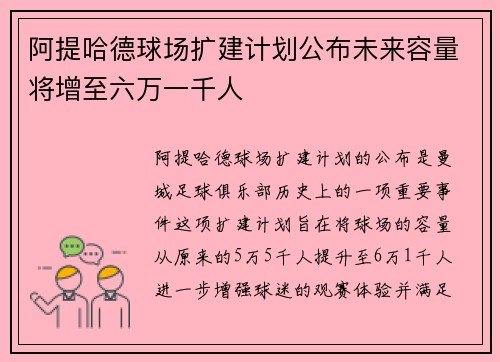 阿提哈德球场扩建计划公布未来容量将增至六万一千人